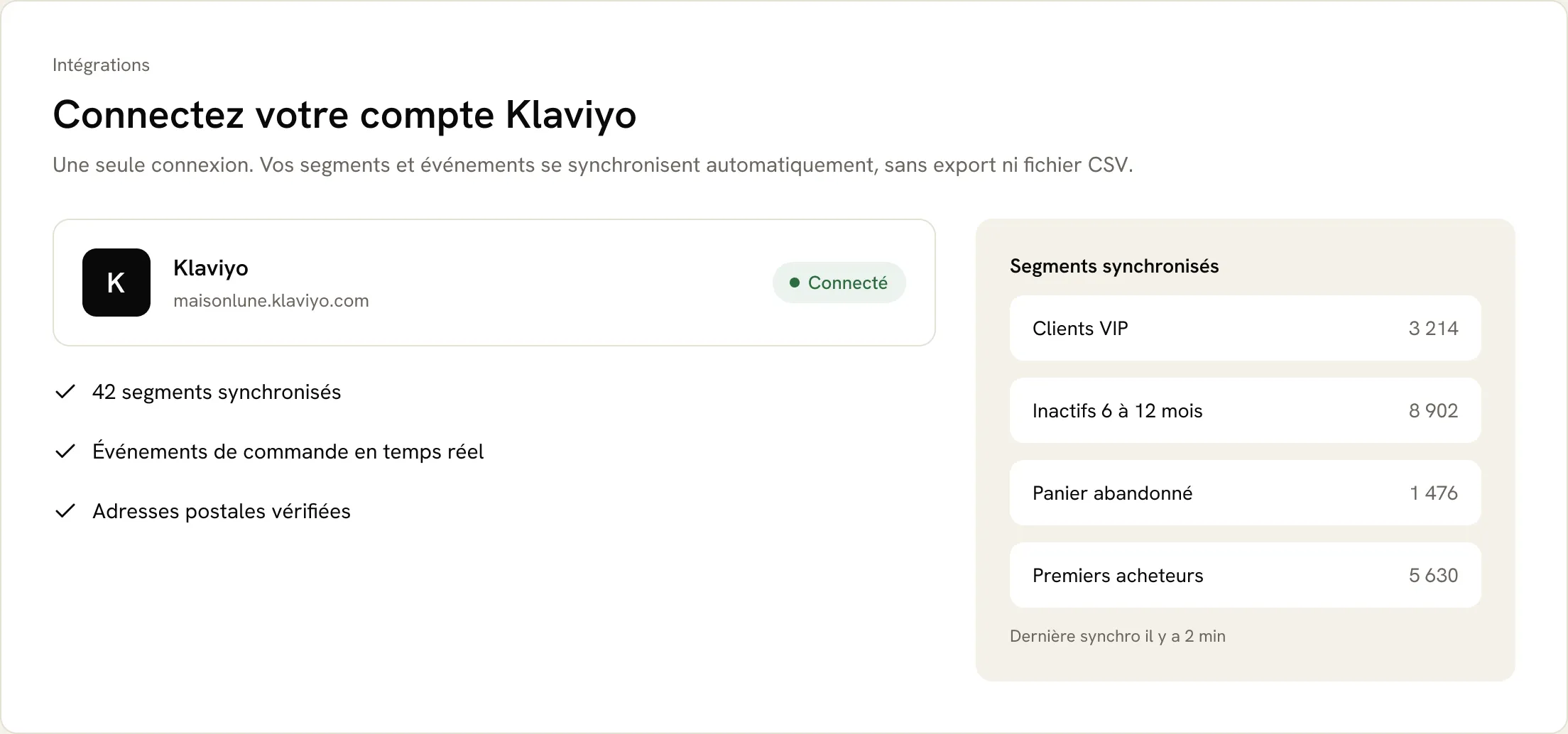 Interface Inkome : connexion du compte Klaviyo