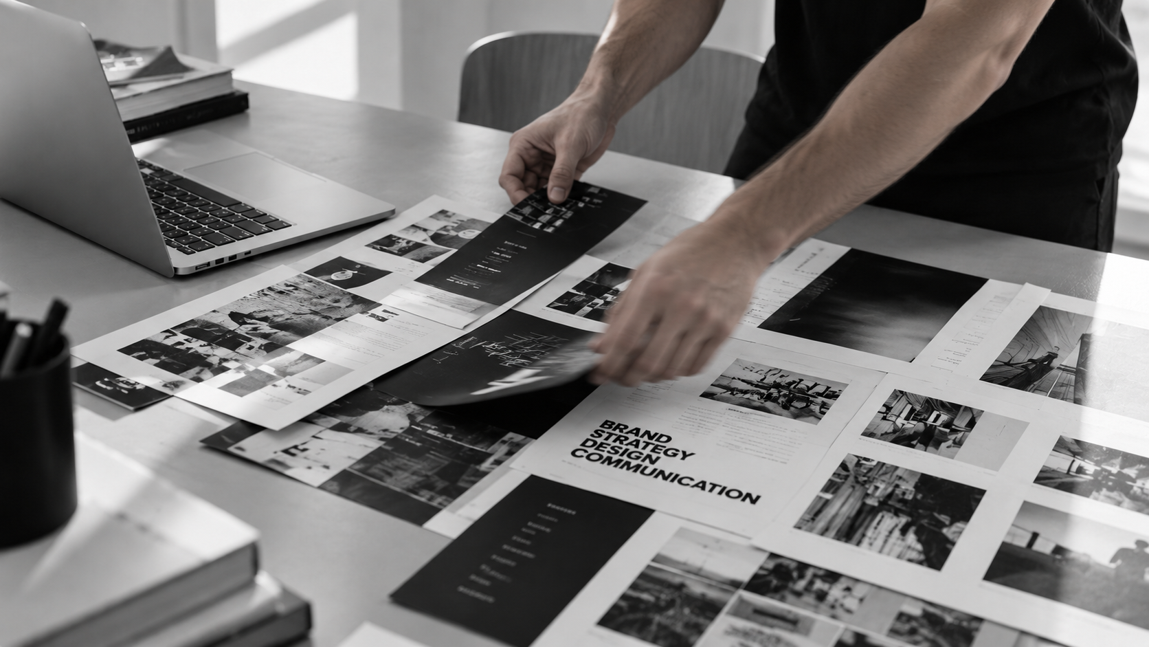 Een persoon legt een ontwerp op een tafel met verspreide zwarte-wit afdrukken met afbeeldingen en tekst, waaronder woorden als 'Brand Strategy Design Communication', naast een open laptop.
