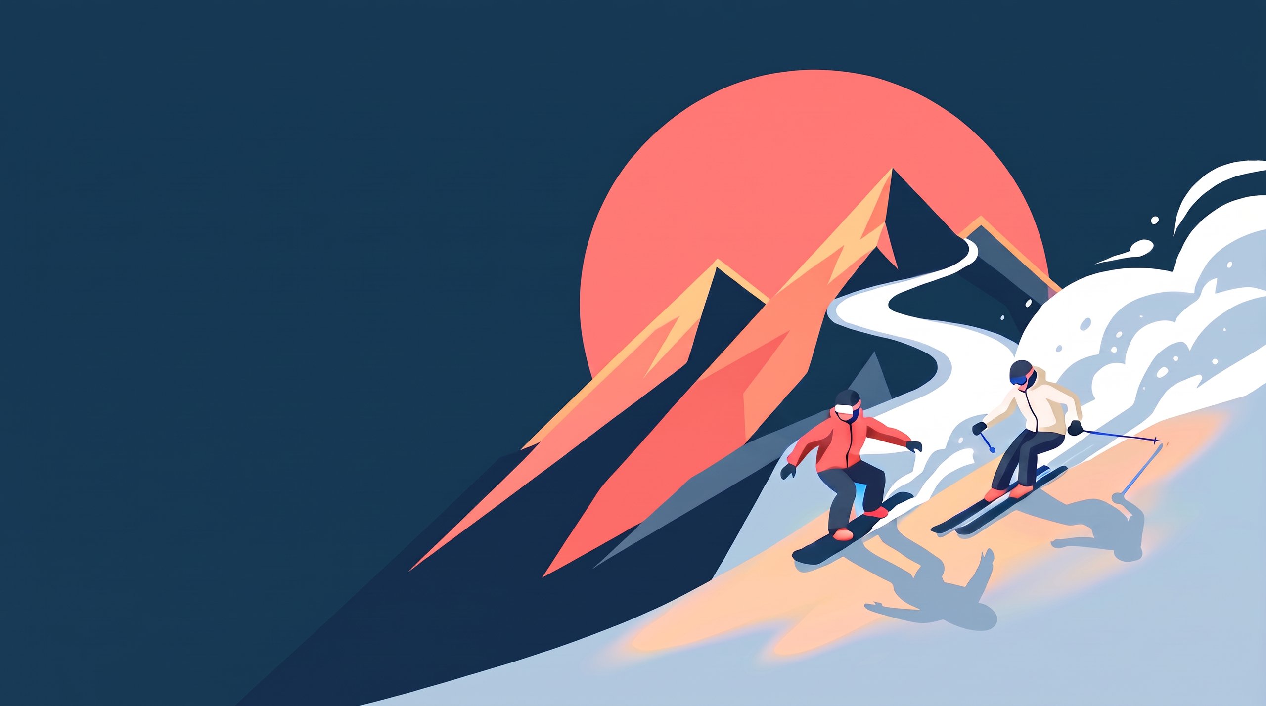 Two stylized riders, a snowboarder and a skier, carve down a snowy mountain under a setting sun.