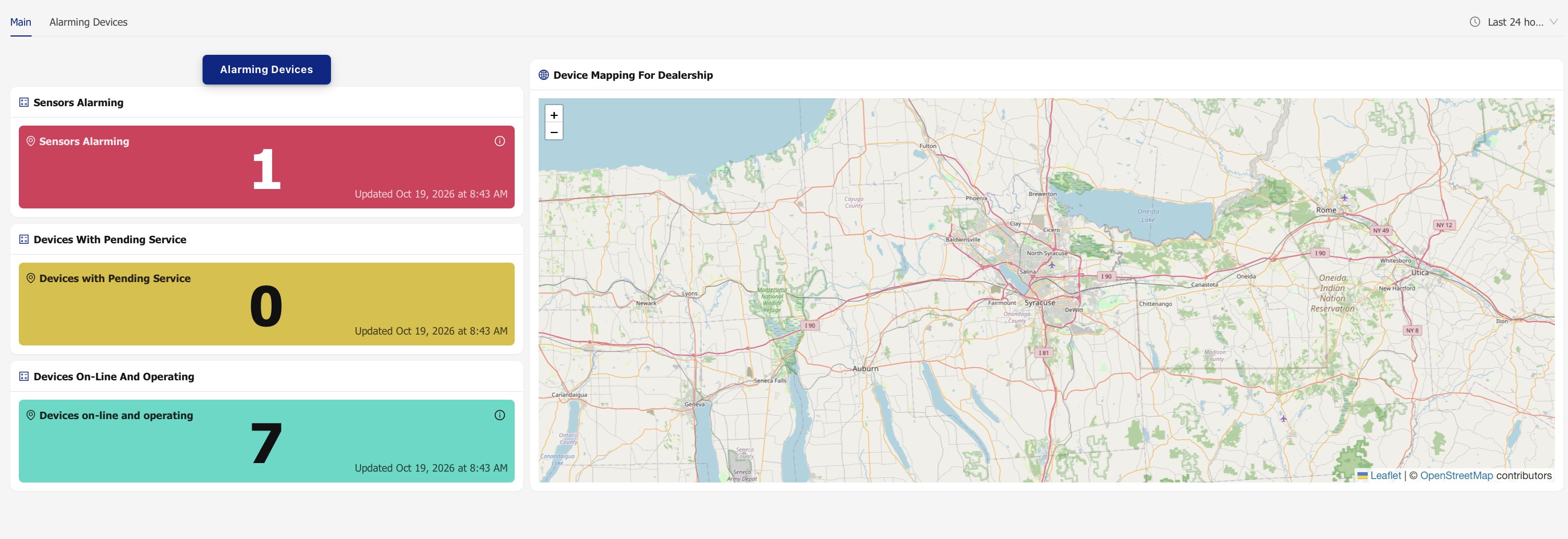 GWT dealer dashboard showing alerts and device map