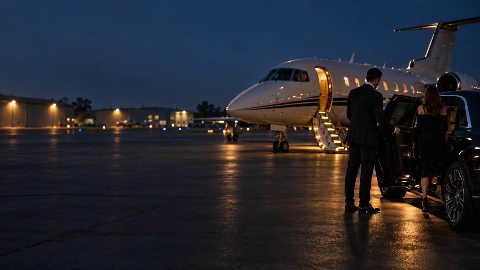 Chauffeur loading luggage from a private jet into a black SUV at Addison Airport, Texas