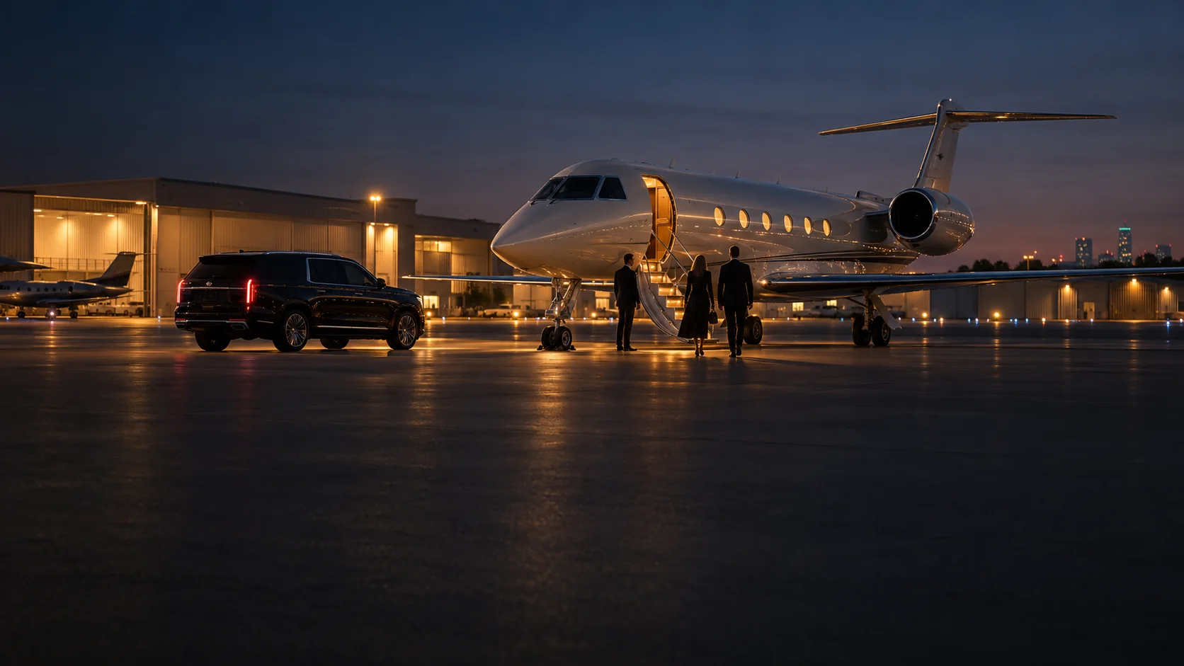 Black SUV chauffeur pickup on the tarmac beside a private jet at Addison Airport near Dallas
