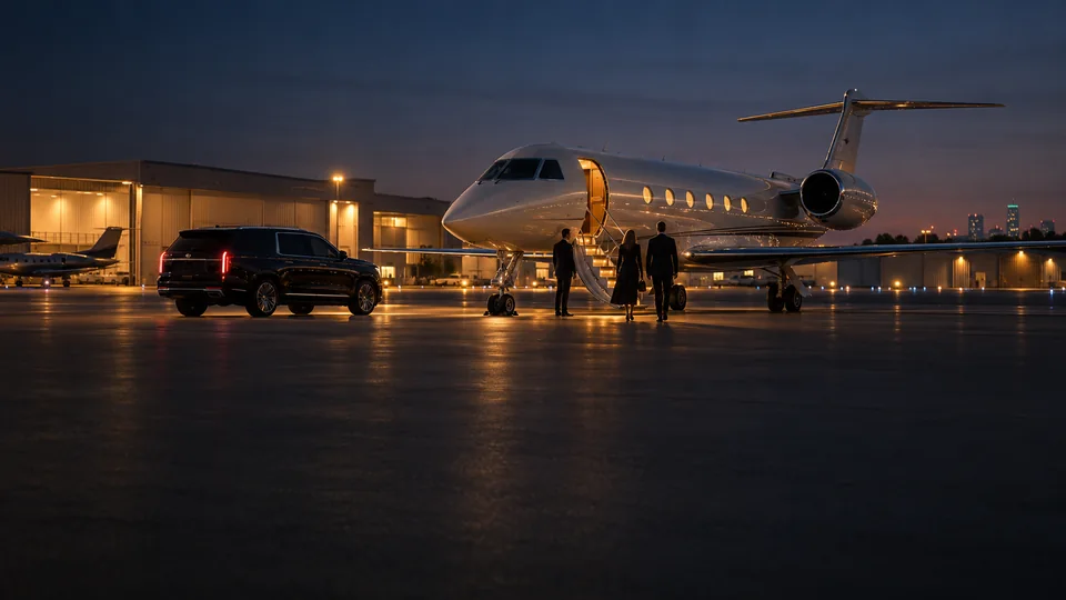 Black SUV chauffeur pickup on the tarmac beside a private jet at Addison Airport near Dallas