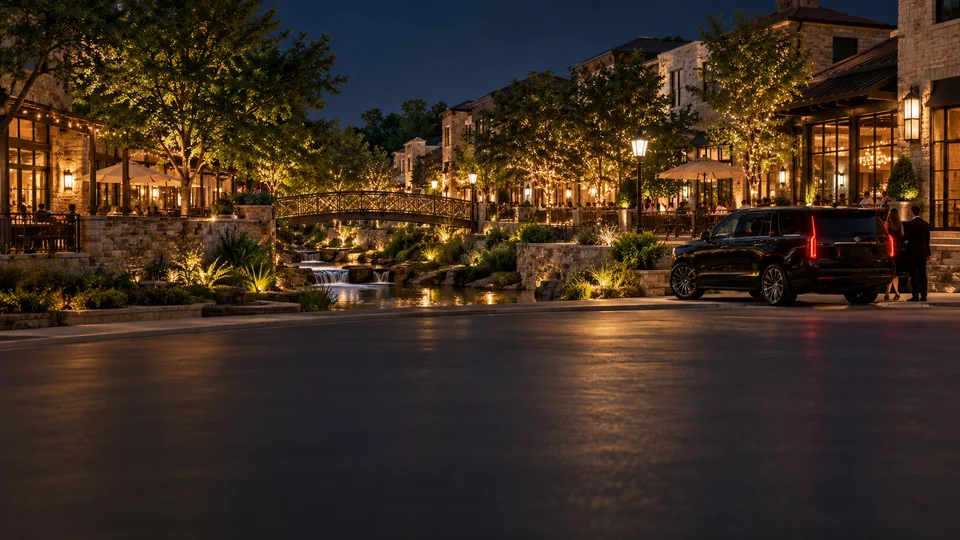Black SUV black car service at an illuminated open-air plaza in Allen, Texas at night