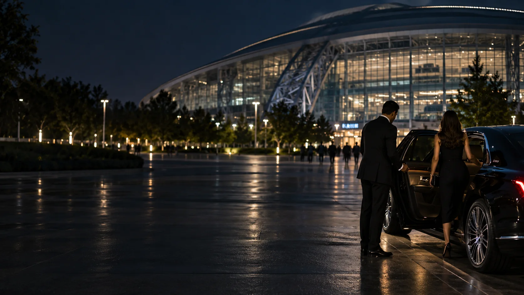 Chauffeur meeting a client at a black SUV outside the stadium in Arlington, Texas at night