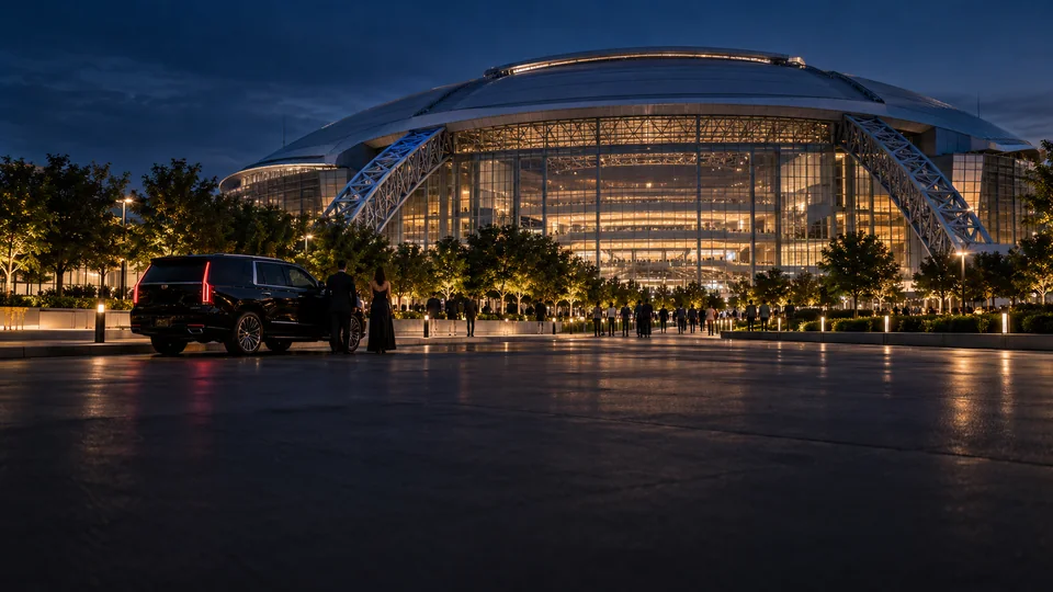 Black SUV chauffeur service outside the lit stadium in Arlington, Texas at night