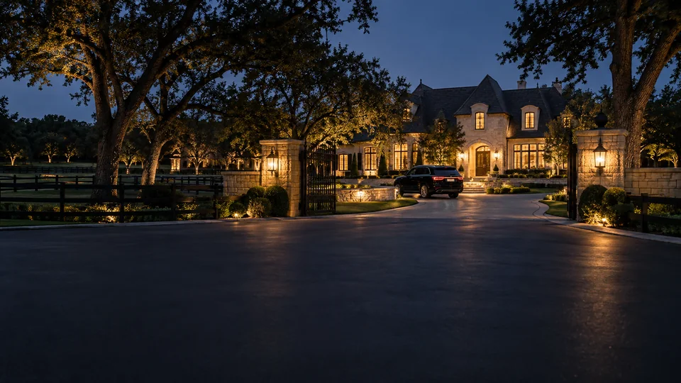 Black SUV chauffeur service at a lantern-lit estate in Colleyville, Texas at night