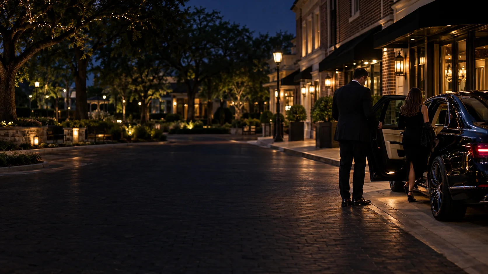 Chauffeur opening a car door for a client on a lamp-lit street in Coppell, Texas
