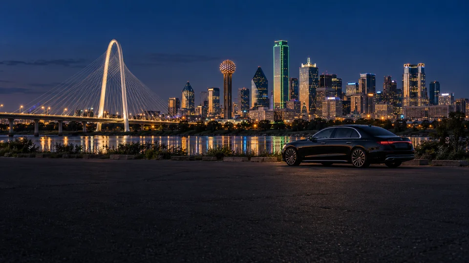 Chauffeured black sedan in front of the Dallas skyline and Margaret Hunt Hill Bridge at night