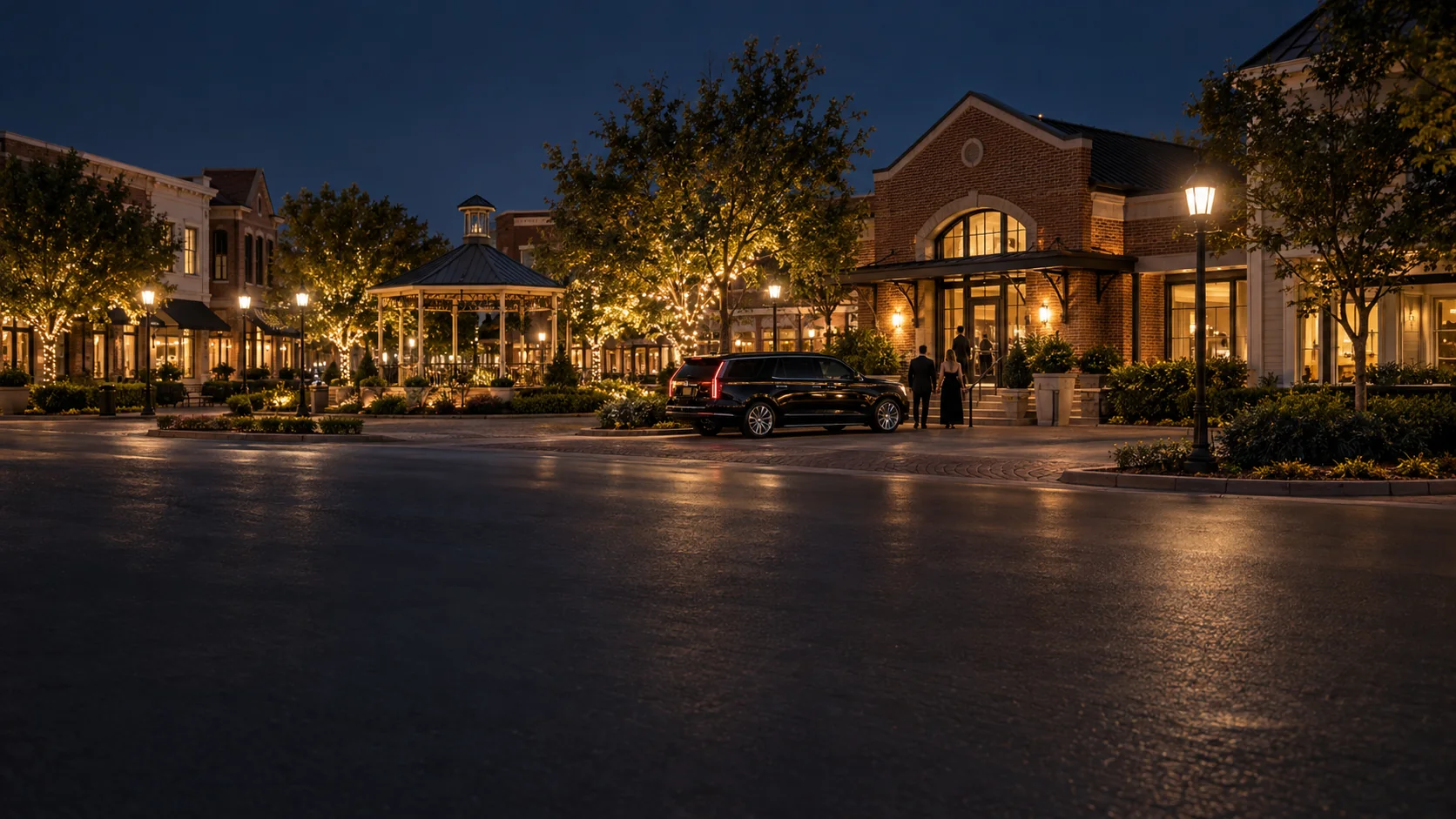 Black SUV black car service at a tree-lined town center in Coppell, Texas at night