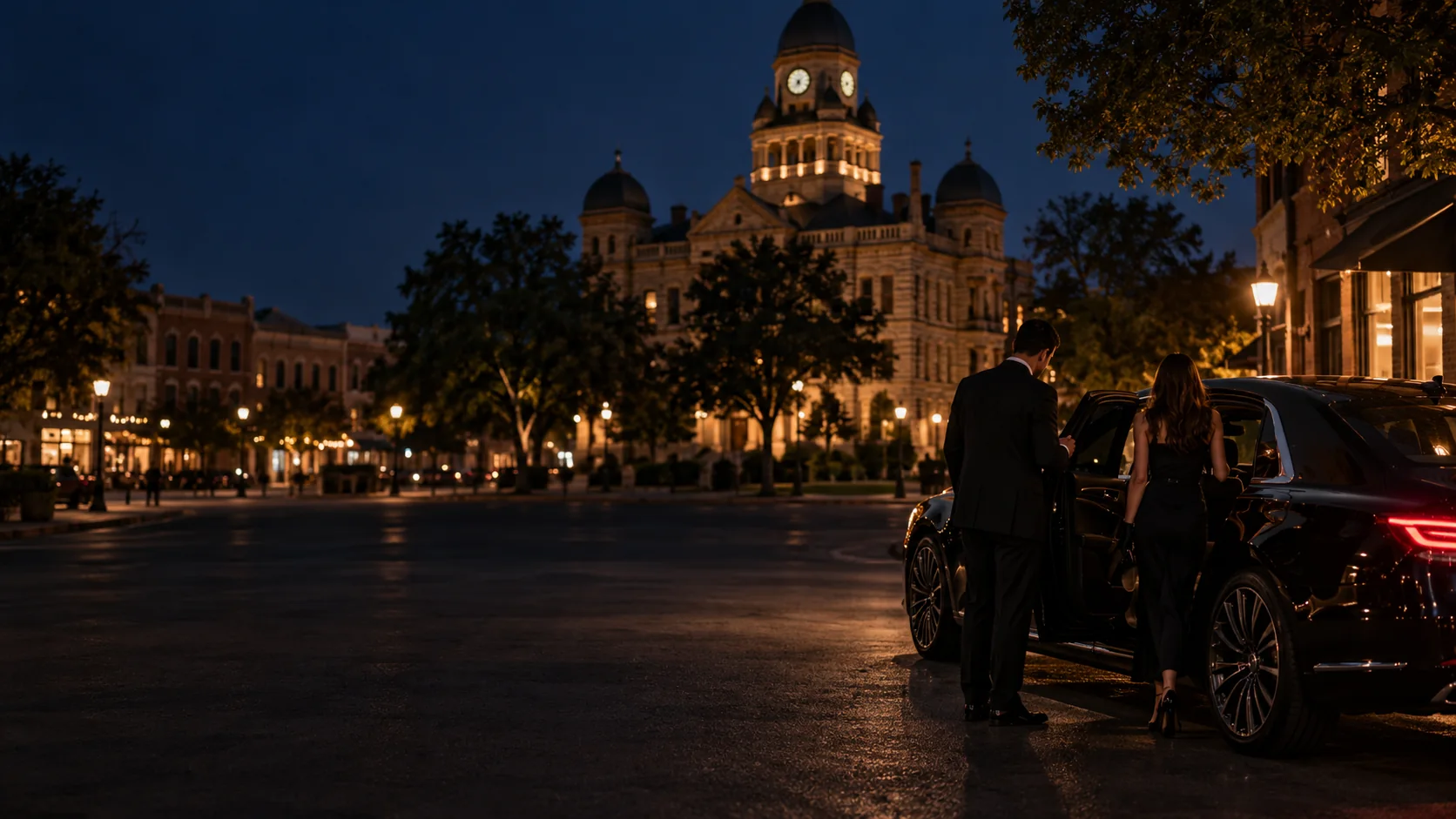 Chauffeur opening a car door for clients near the Denton, Texas courthouse square at night