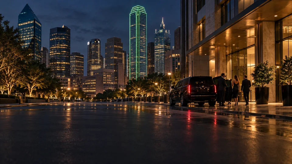 Black SUV black car service on a downtown Dallas street lined with lit towers