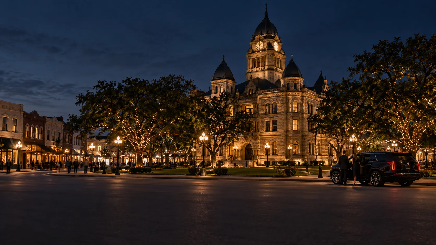 Black SUV car service by the historic Denton County Courthouse in Denton, Texas at night