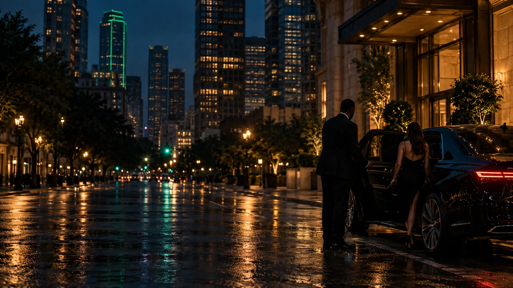 Chauffeur meeting clients at a black car on a downtown Dallas street at night