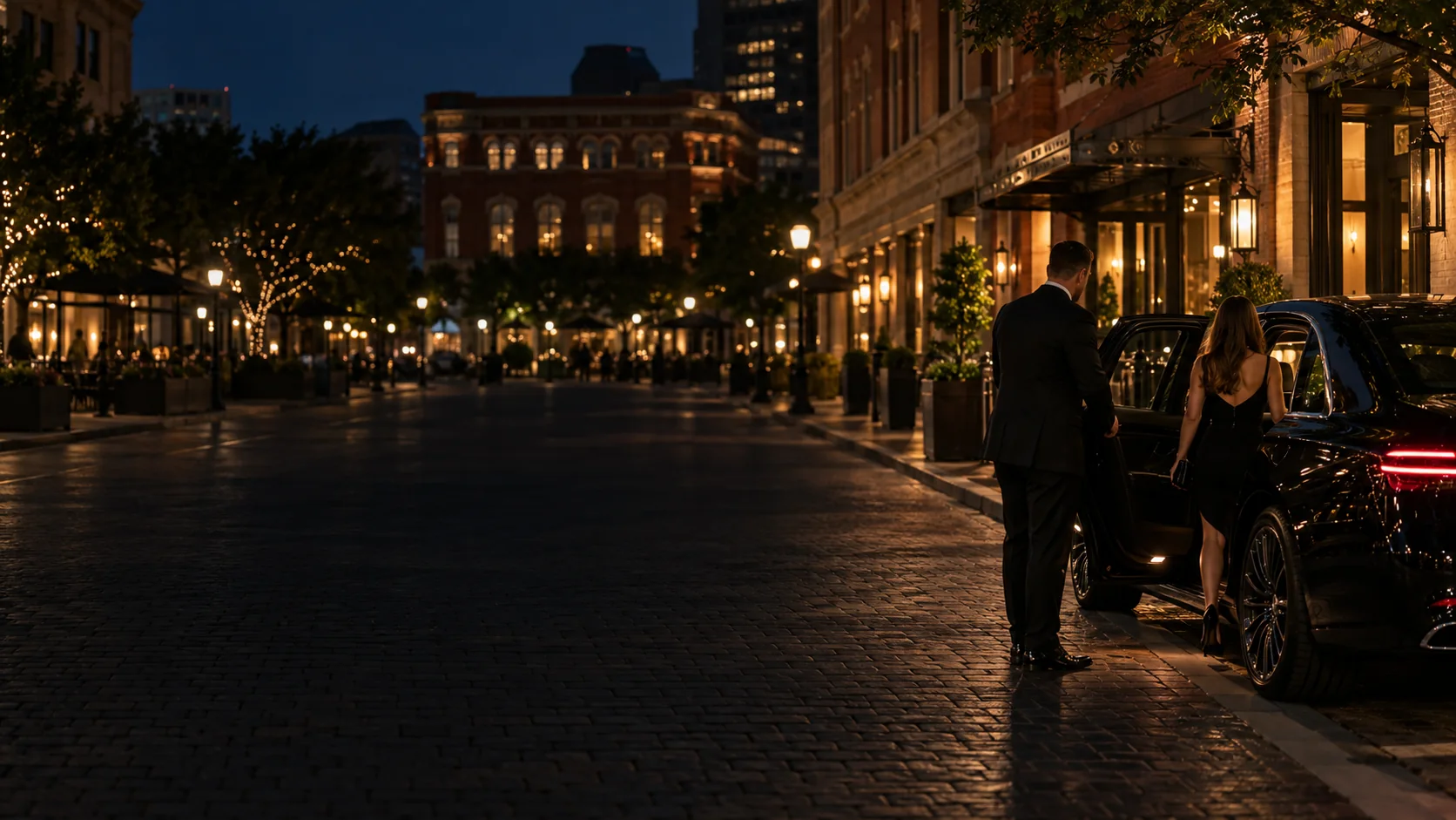 Chauffeur meeting a client on a brick street in Sundance Square, Fort Worth at night