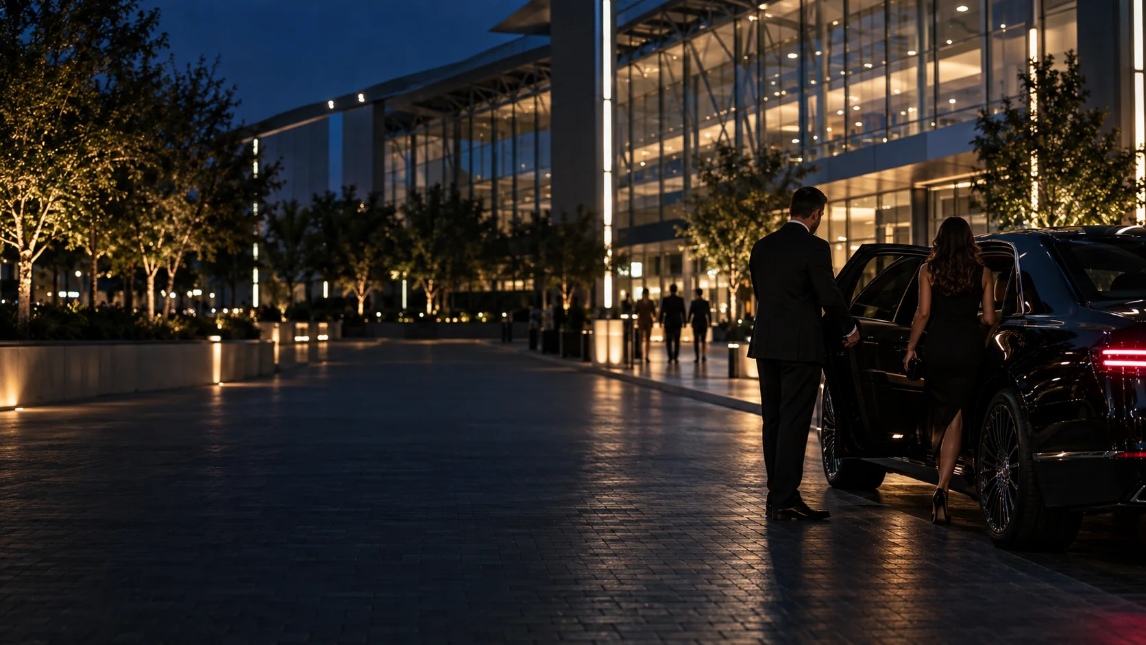 Chauffeur opening a car door for a client outside a modern building in Frisco, Texas
