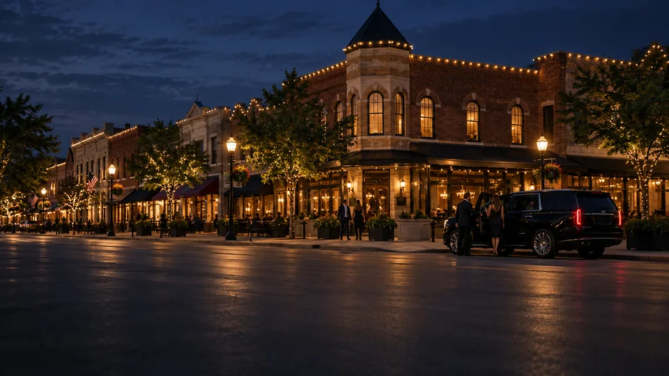 Black SUV parked on historic Main Street in Grapevine, Texas at night