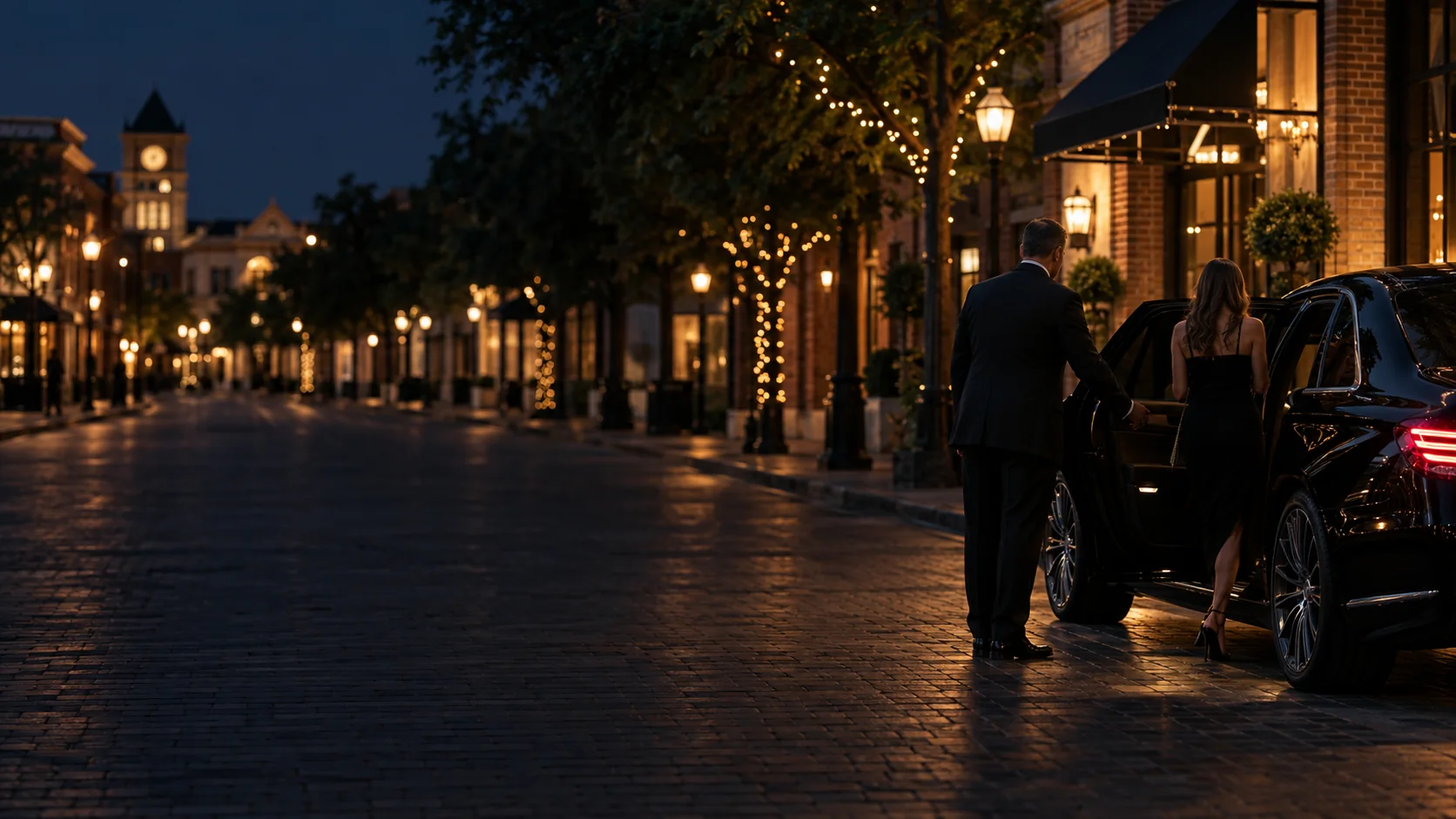 Chauffeur meeting a client on historic Main Street in Grapevine, Texas at night