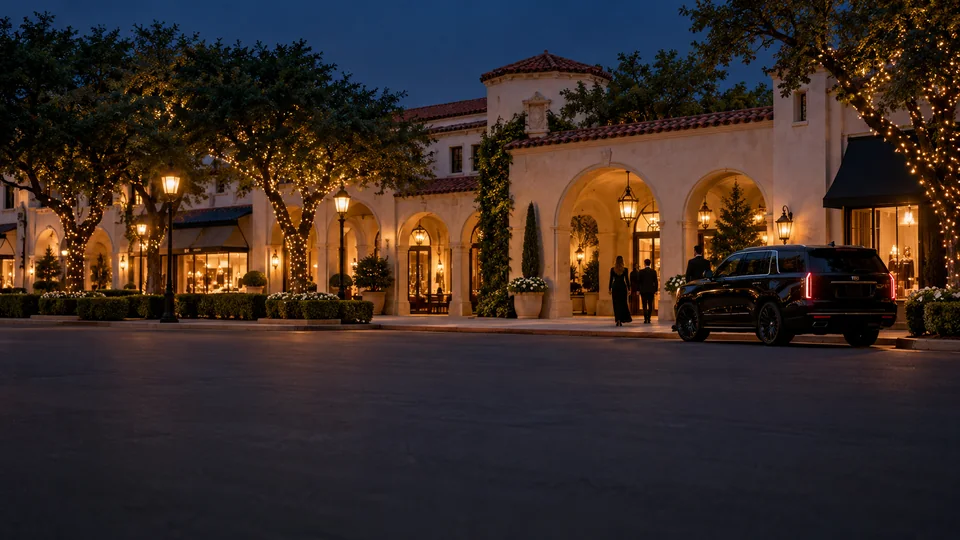 Black SUV chauffeur service outside Highland Park Village storefronts in Dallas