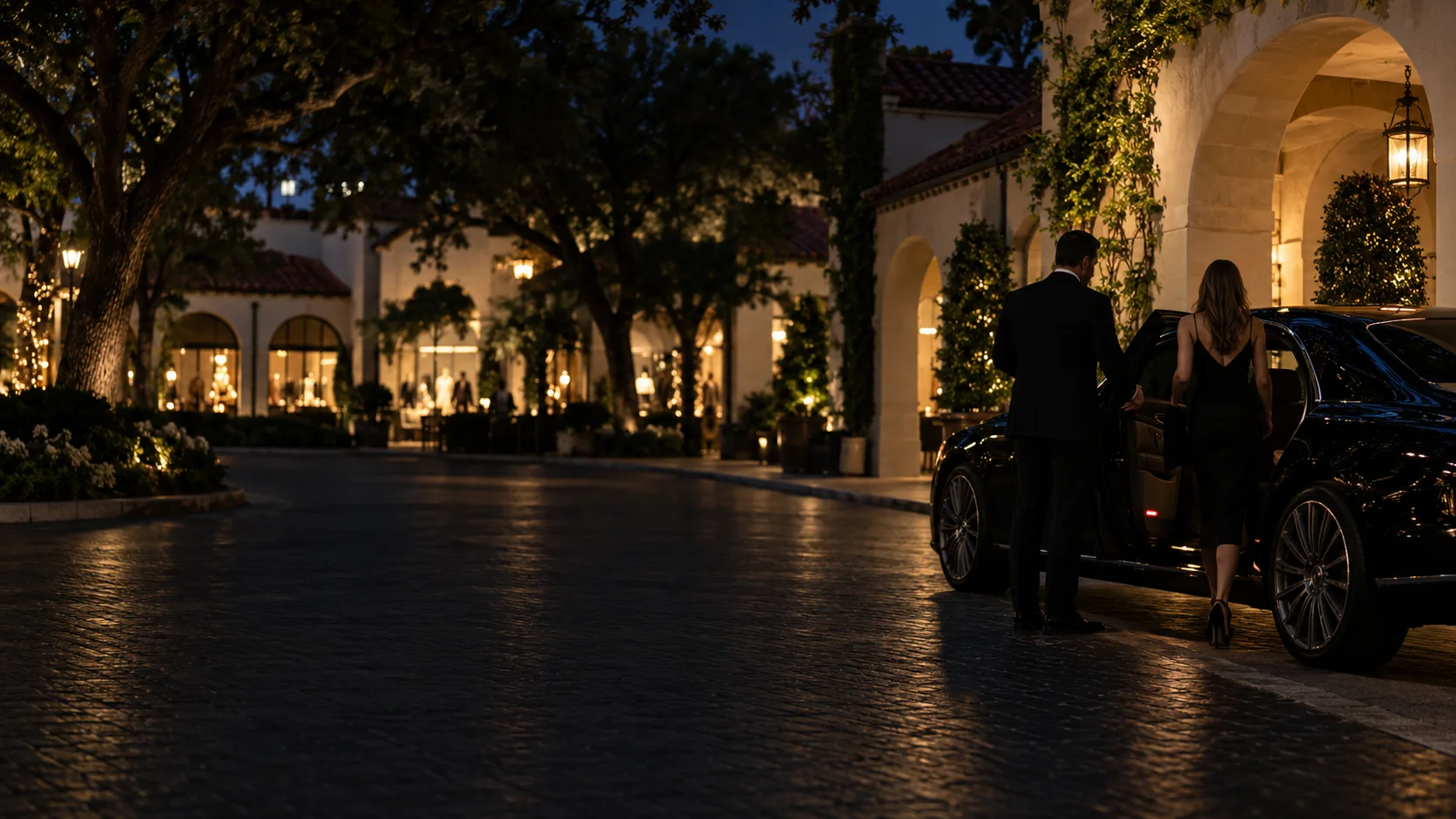 Chauffeur opening a car door for clients at Highland Park Village in Dallas at night