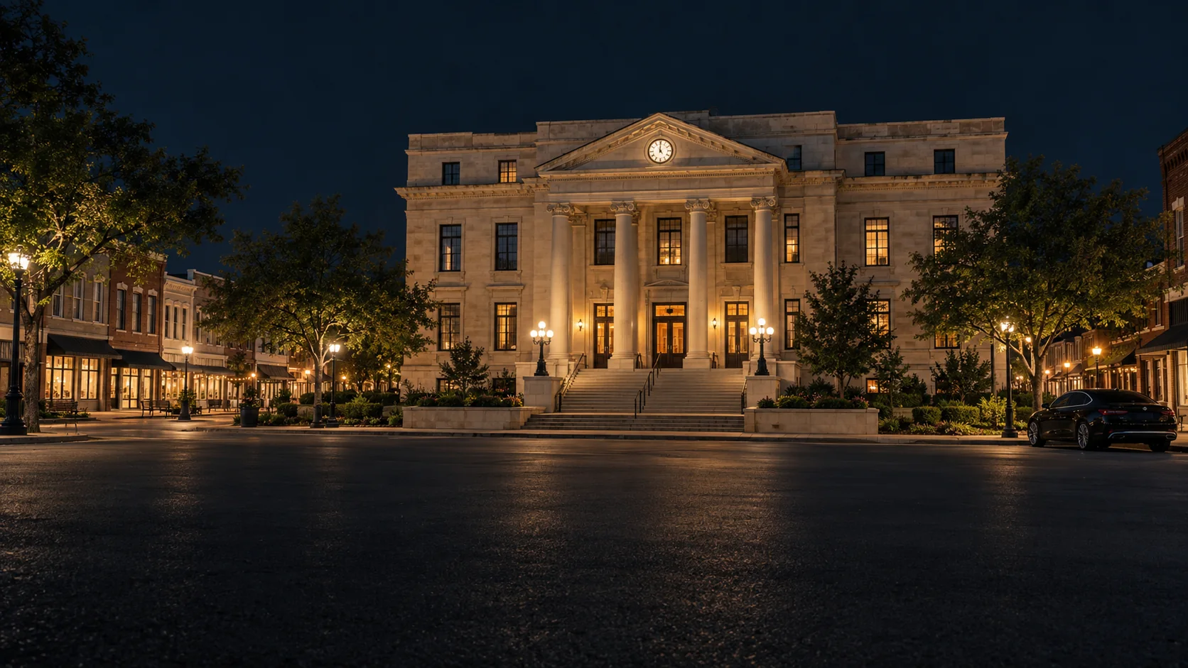 Historic Collin County Courthouse in downtown McKinney, Texas lit up at night