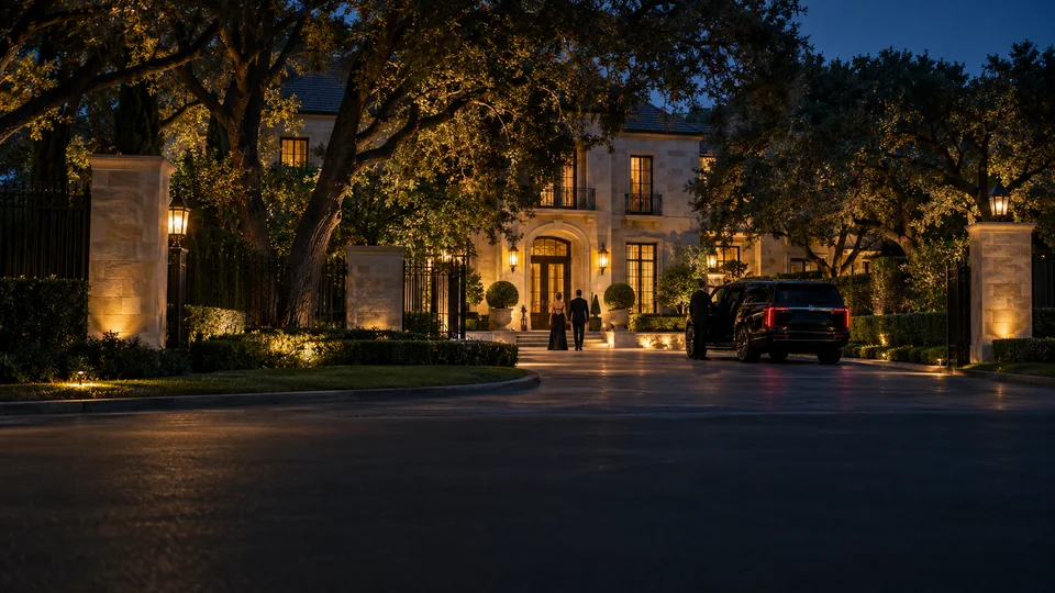 Black SUV chauffeur service in the drive of a Preston Hollow estate in Dallas