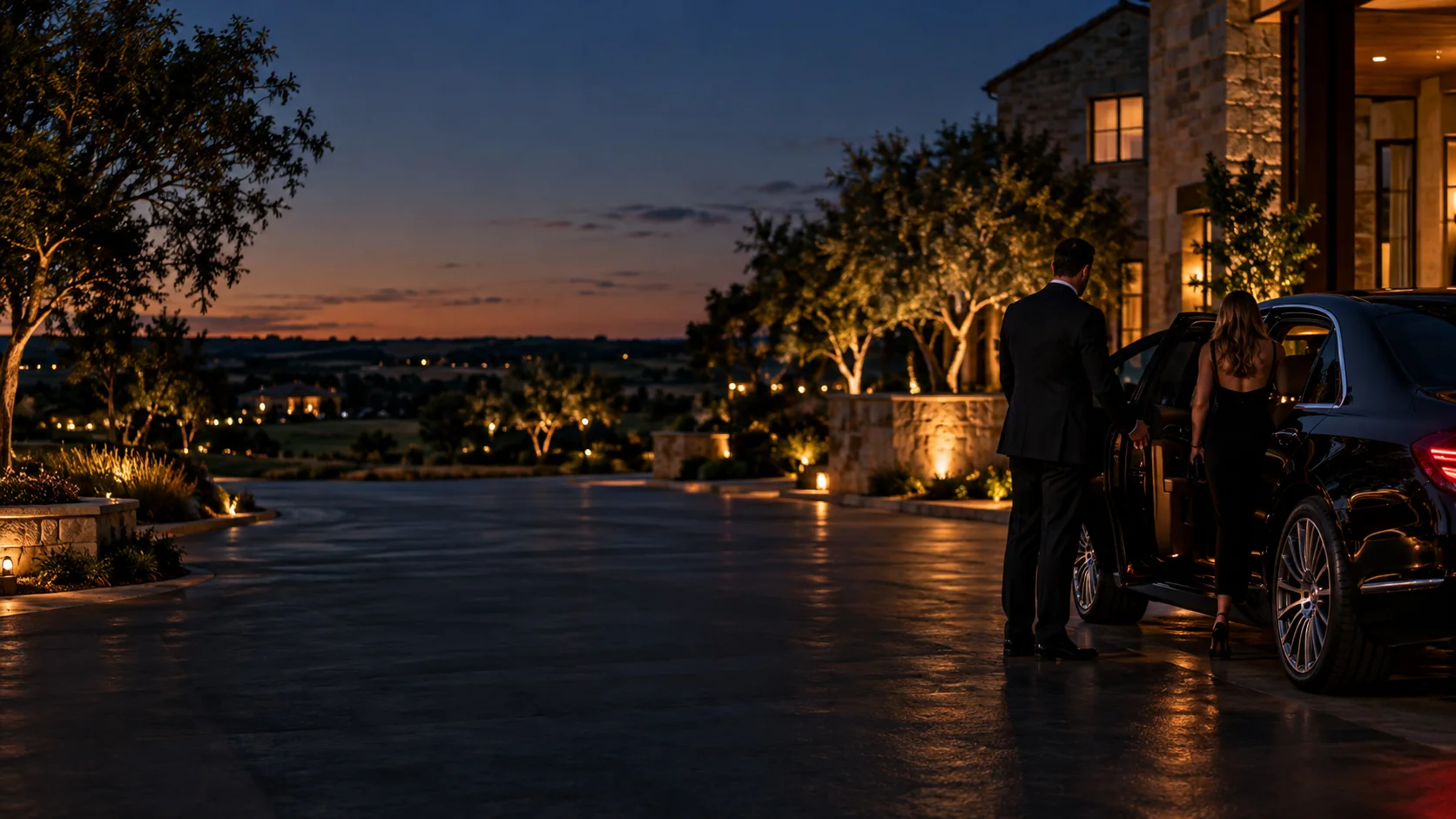 Chauffeur meeting a client at a black car outside a Prosper, Texas estate at dusk