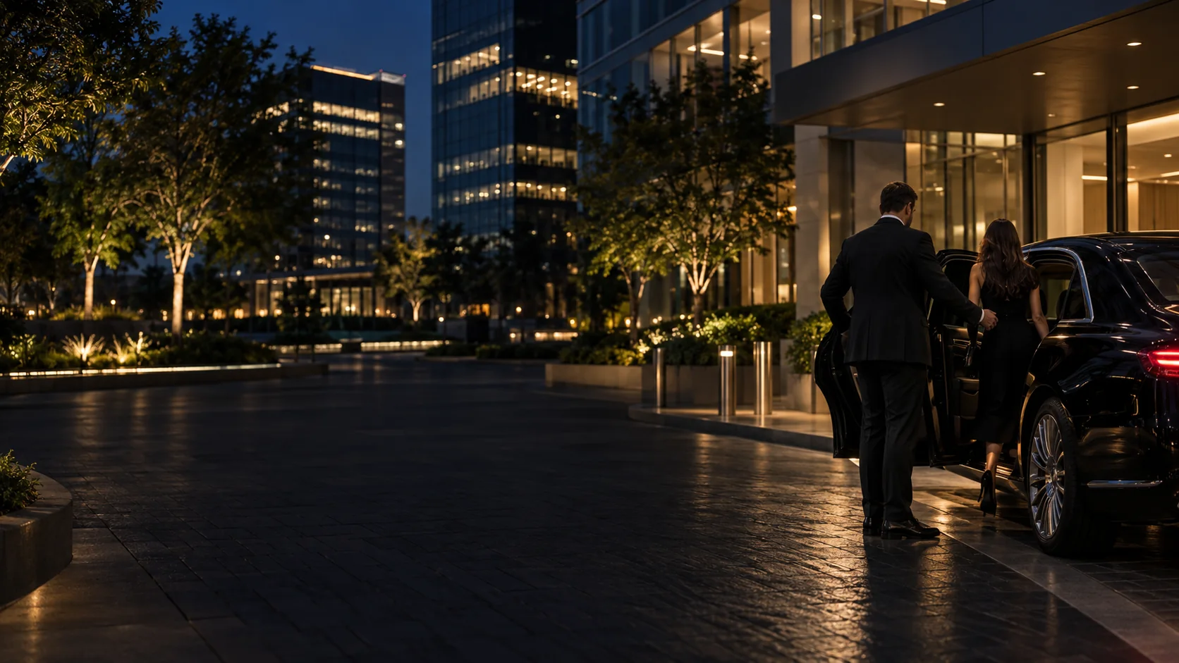 Chauffeur meeting a client outside a glass office building in Richardson, Texas