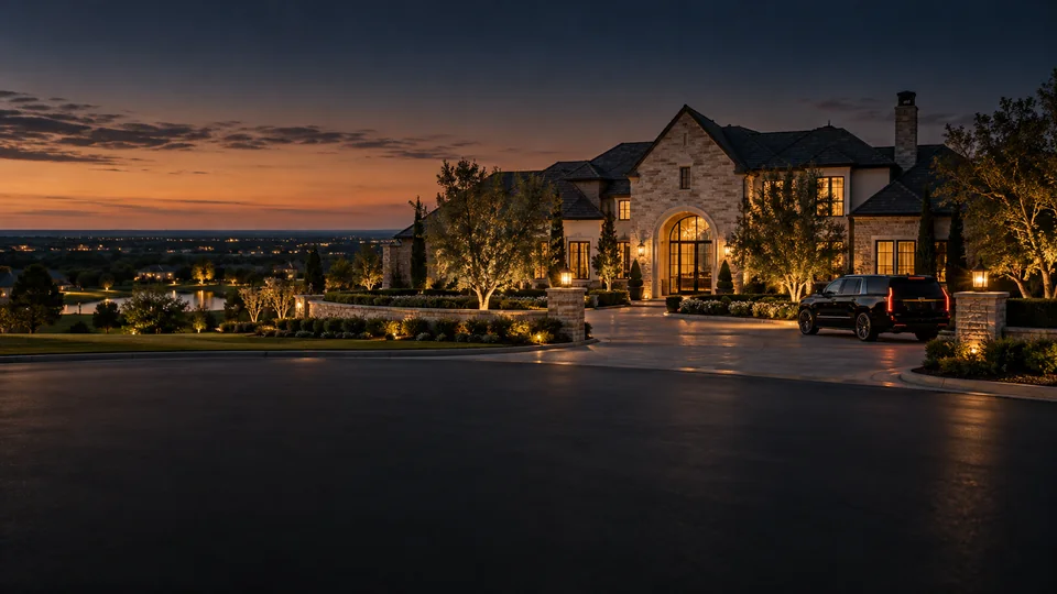 Black SUV chauffeur service at a stone estate in Prosper, Texas at dusk