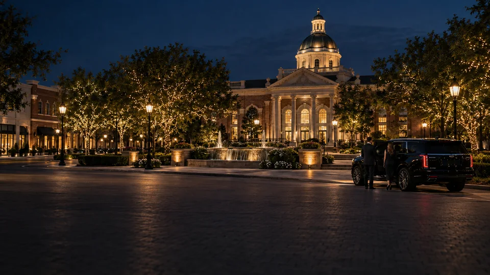 Black SUV chauffeur service at Southlake Town Hall and Town Square at night