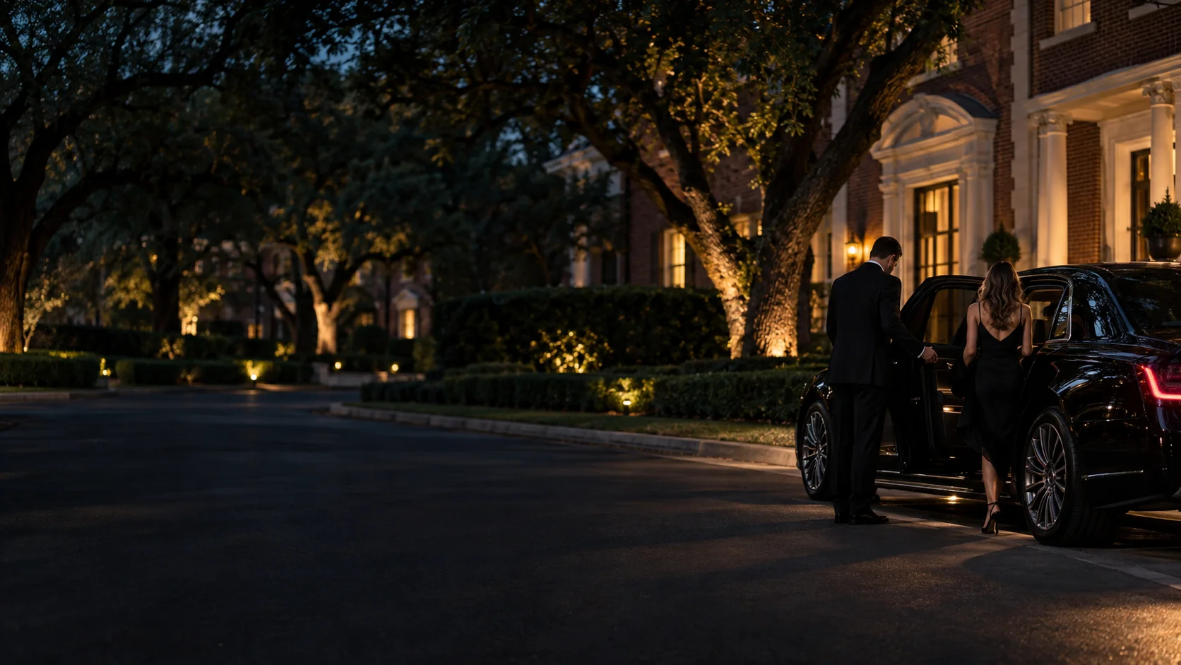 Chauffeur meeting clients under oak trees in University Park, Dallas at night