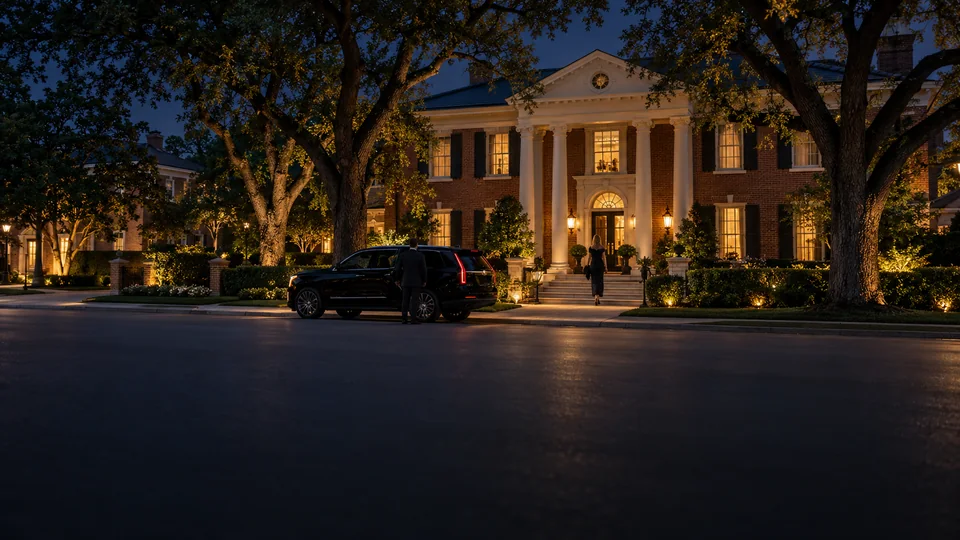 Black SUV chauffeur service on a tree-lined street in University Park, Dallas