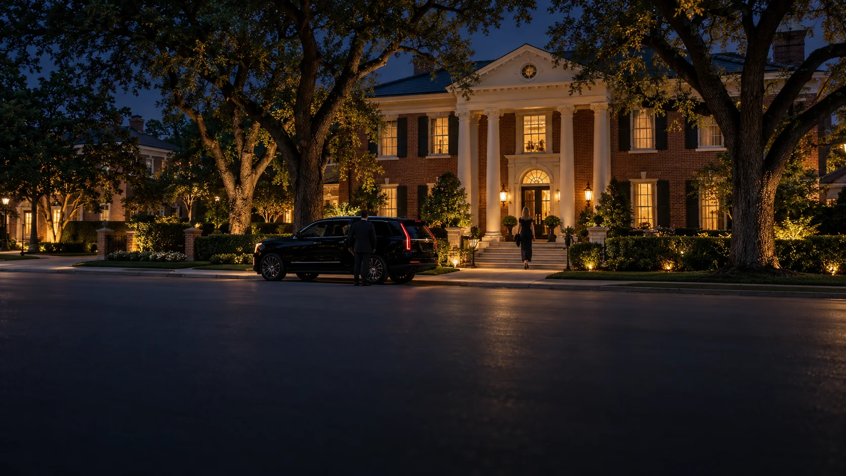 Black SUV chauffeur service on a tree-lined street in University Park, Dallas