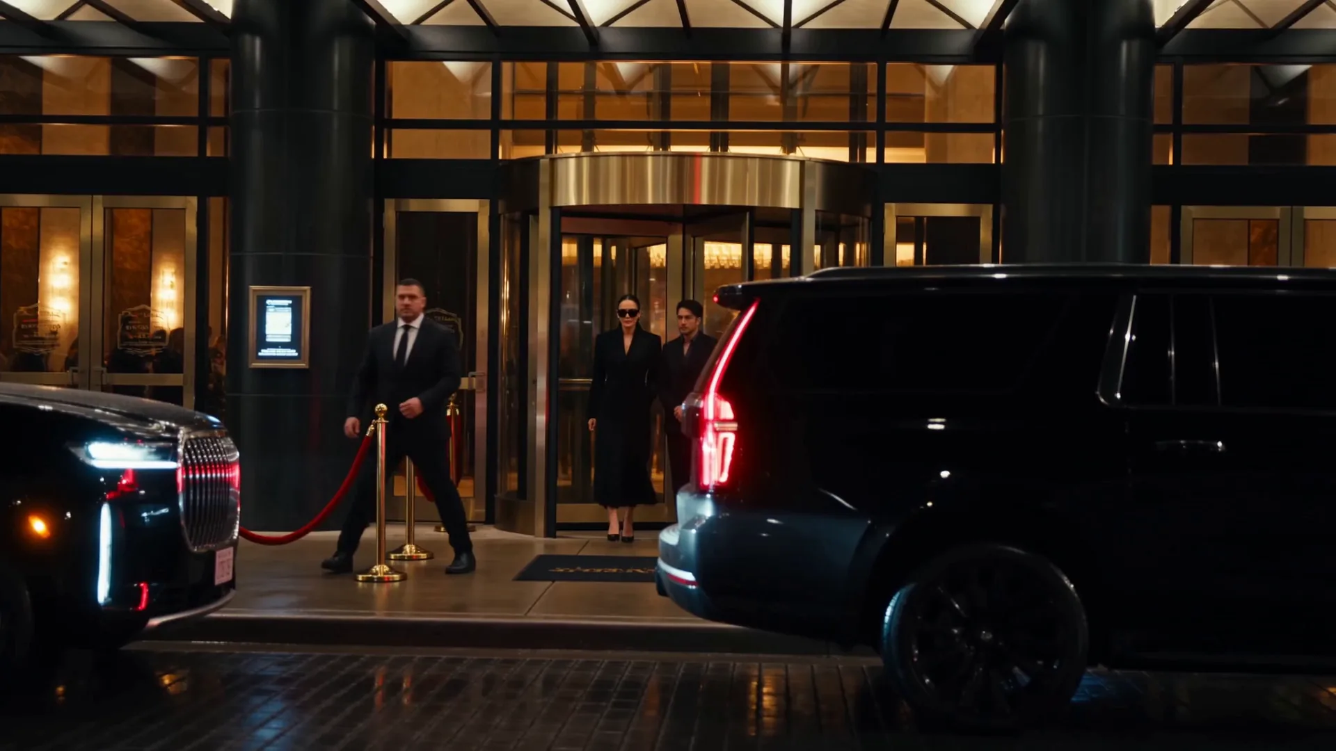 A chauffeur at the door of a black SUV outside a hotel