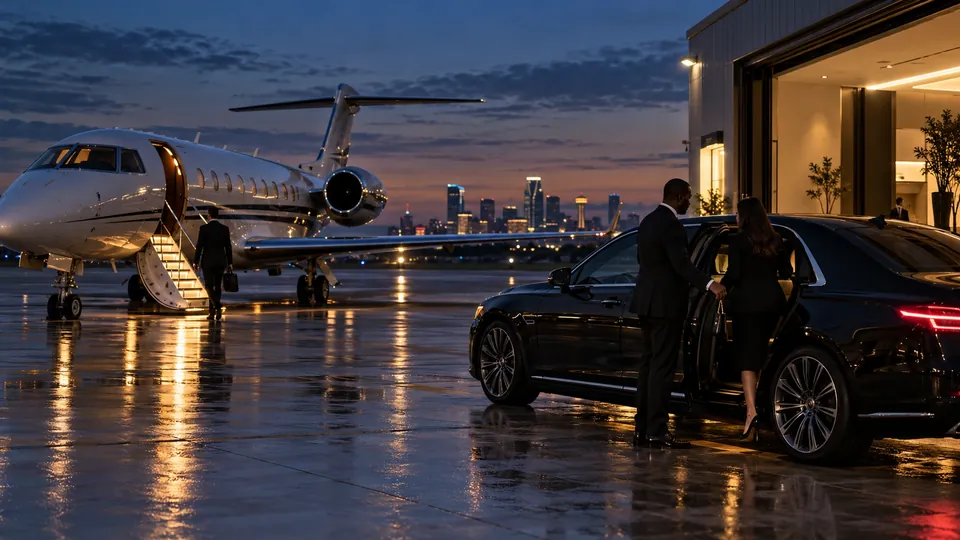 Planeside chauffeur pickup with a black SUV beside a private jet in an Addison Airport hangar
