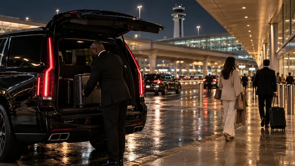 Chauffeur loading luggage into a black Cadillac Escalade at DFW Airport arrivals