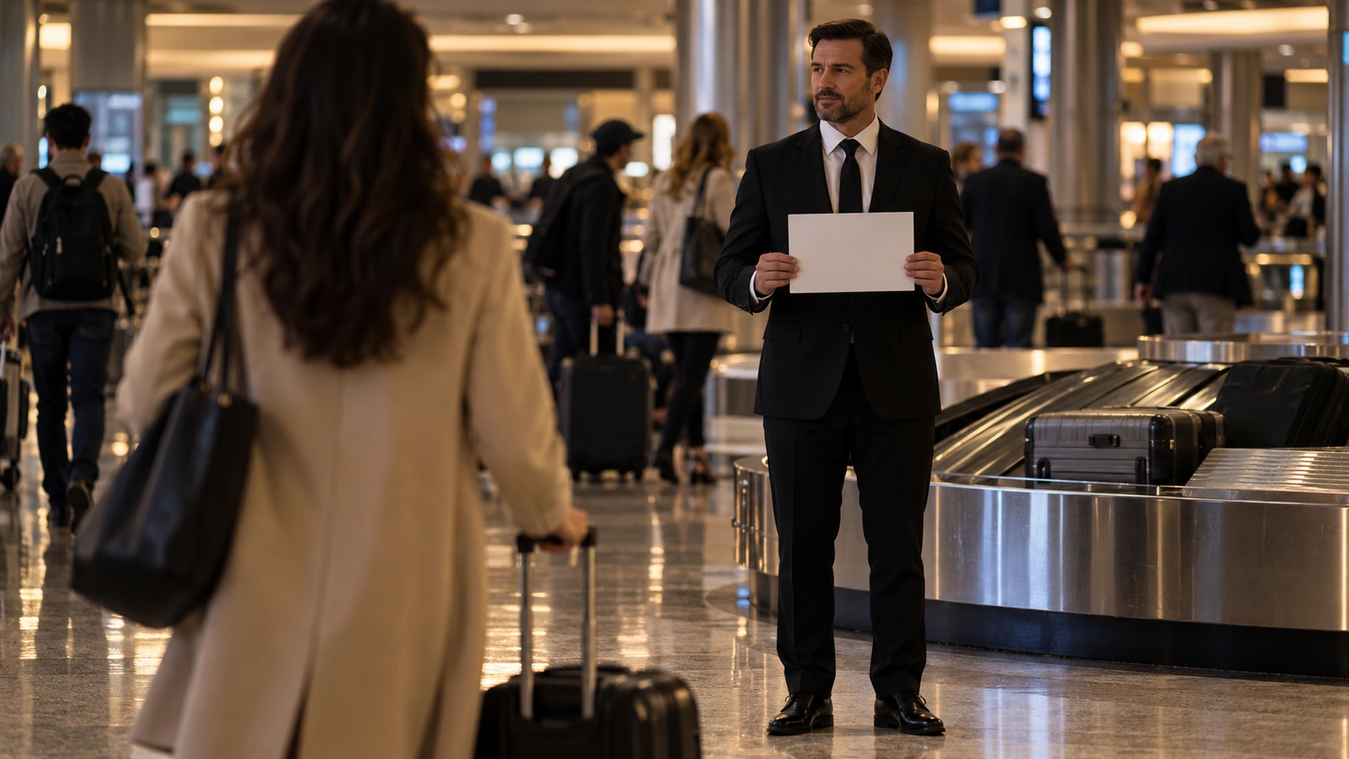 Chauffeur holding a name sign for an arriving traveler in a Dallas airport terminal