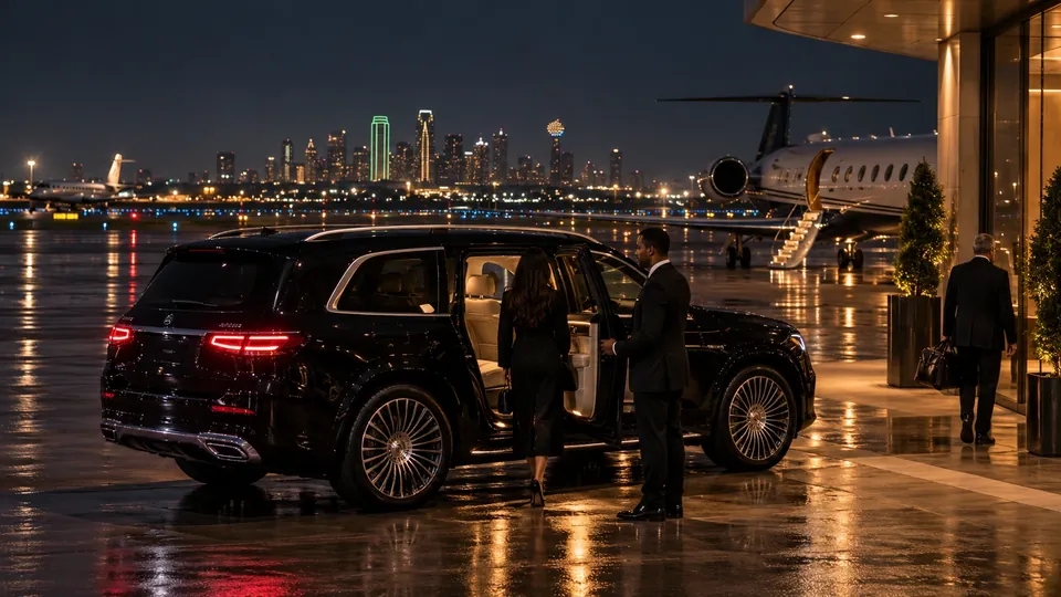 Chauffeur opening a black Mercedes-Maybach SUV for a private flight at Fort Worth Alliance Airport