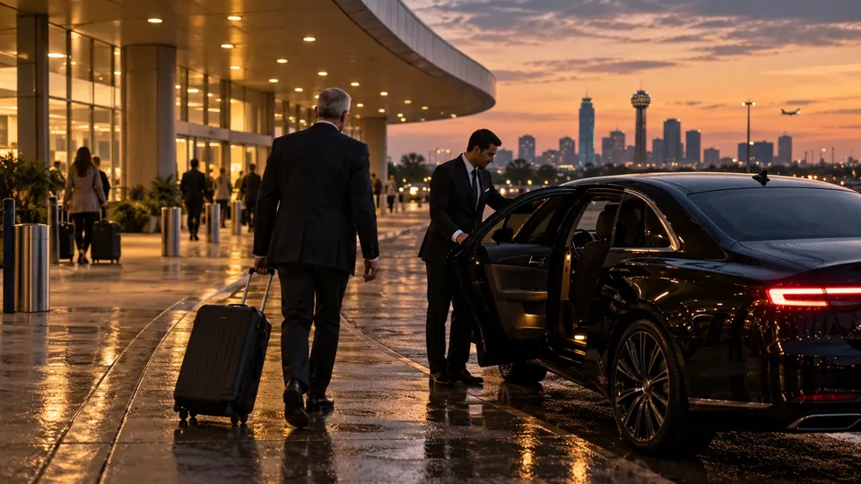 Chauffeured black sedan airport pickup outside Dallas Love Field
