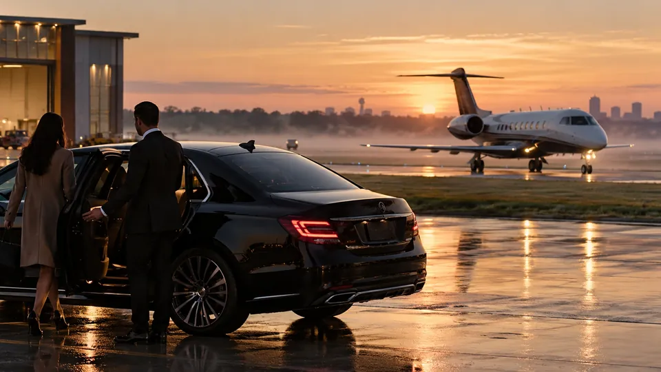 Chauffeur greeting a private jet passenger at a black sedan at McKinney National Airport at sunset