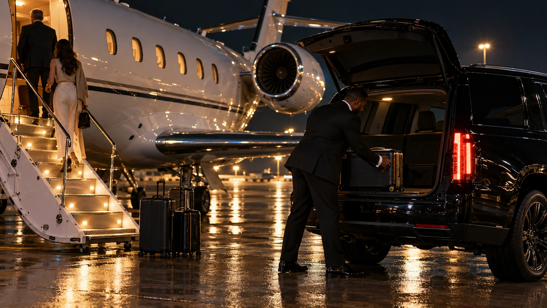 Chauffeur moving bags from a private jet into a black SUV for a planeside airport transfer
