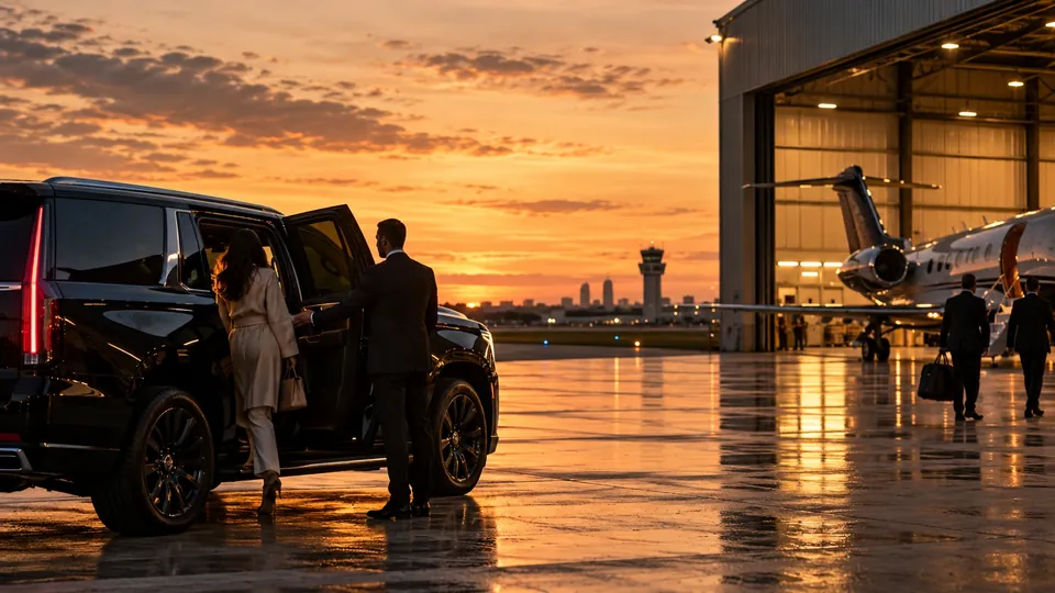 Chauffeur holding the door of a black SUV beside a hangar at Fort Worth Meacham Airport