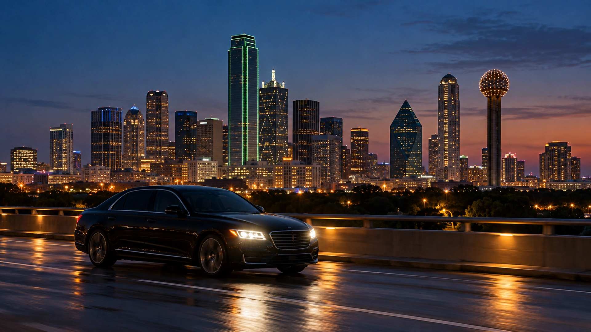 Chauffeured black sedan driving past the Dallas skyline at dusk
