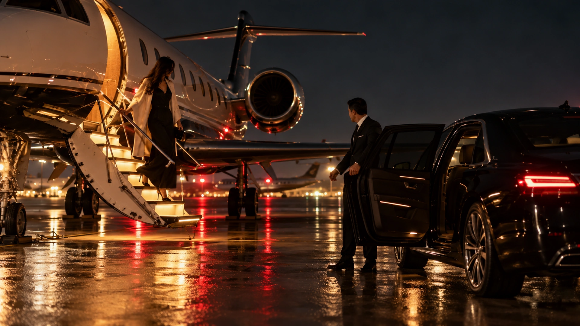 Chauffeur at a black SUV as a passenger steps off a private jet at a Dallas FBO at night