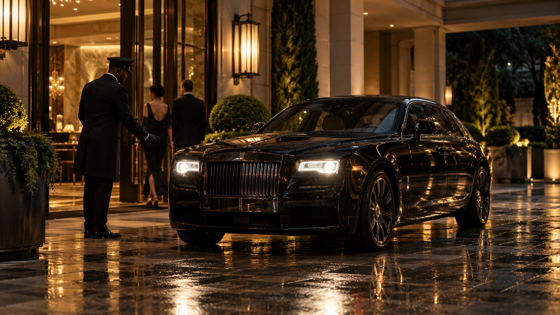 Black Rolls-Royce Ghost and chauffeur outside a Dallas hotel entrance at night