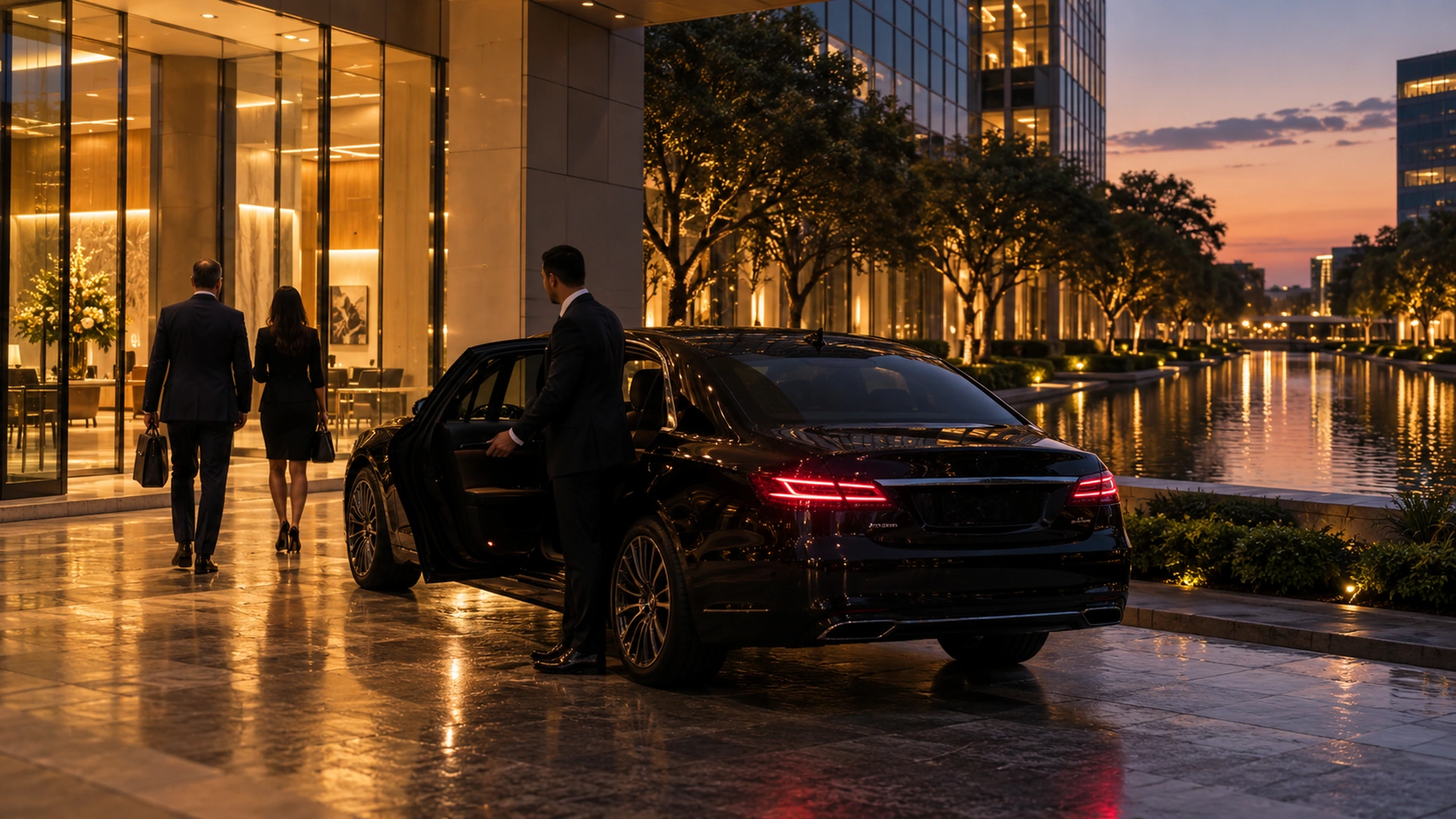 Chauffeur waiting at a black sedan for executives outside a Dallas office building at dusk