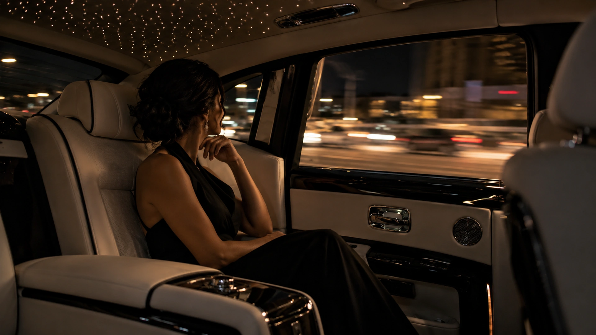 Passenger relaxing in the rear seat of a chauffeured Rolls-Royce at night in Dallas