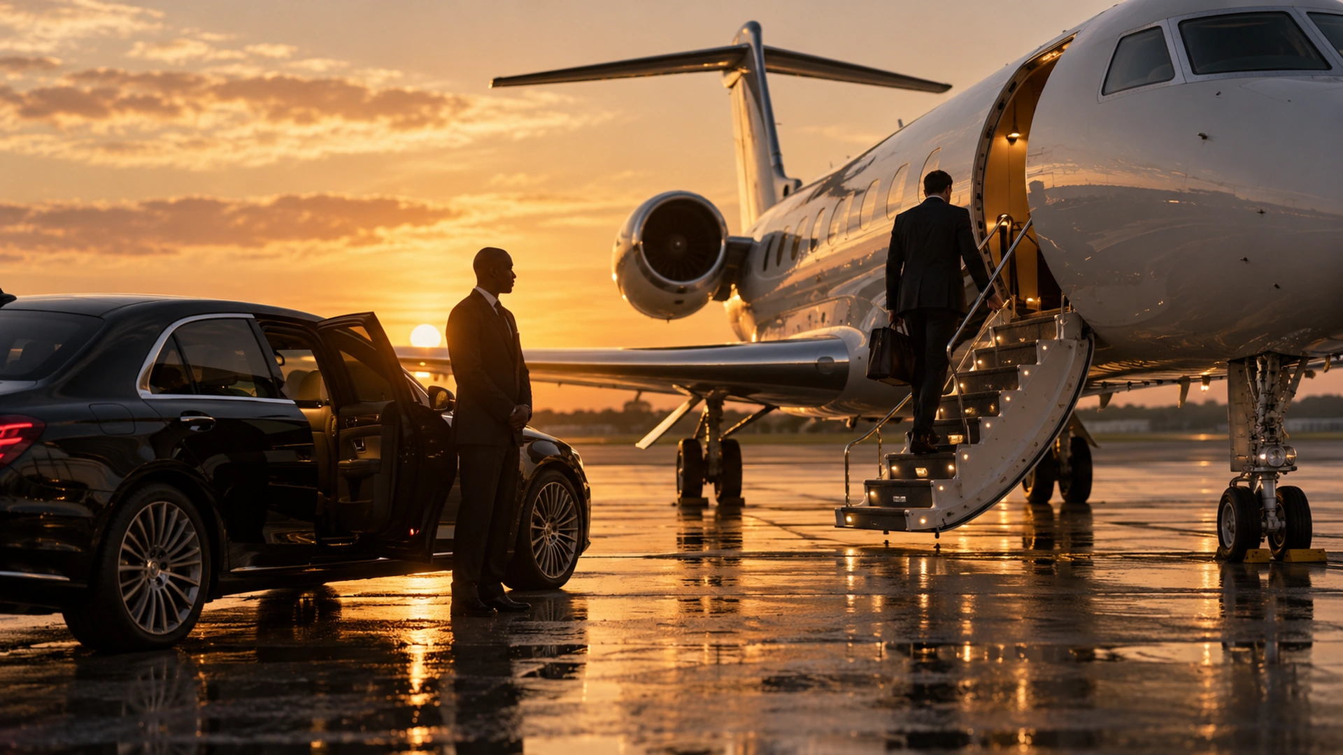 Woman walking to a private jet at sunset with a chauffeured black sedan waiting in Dallas