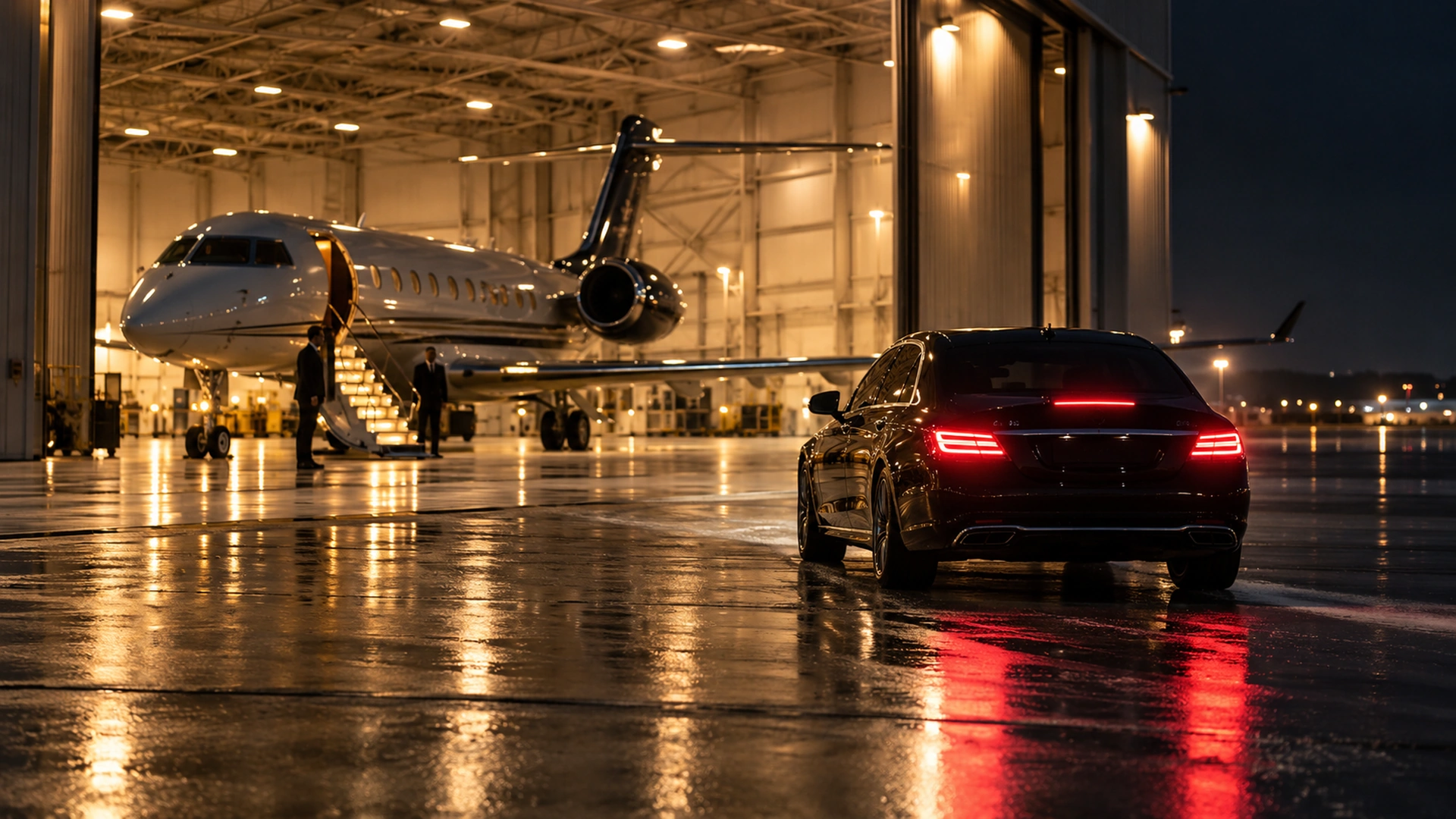 Black chauffeured sedan parked beside a private jet inside a lit Dallas hangar