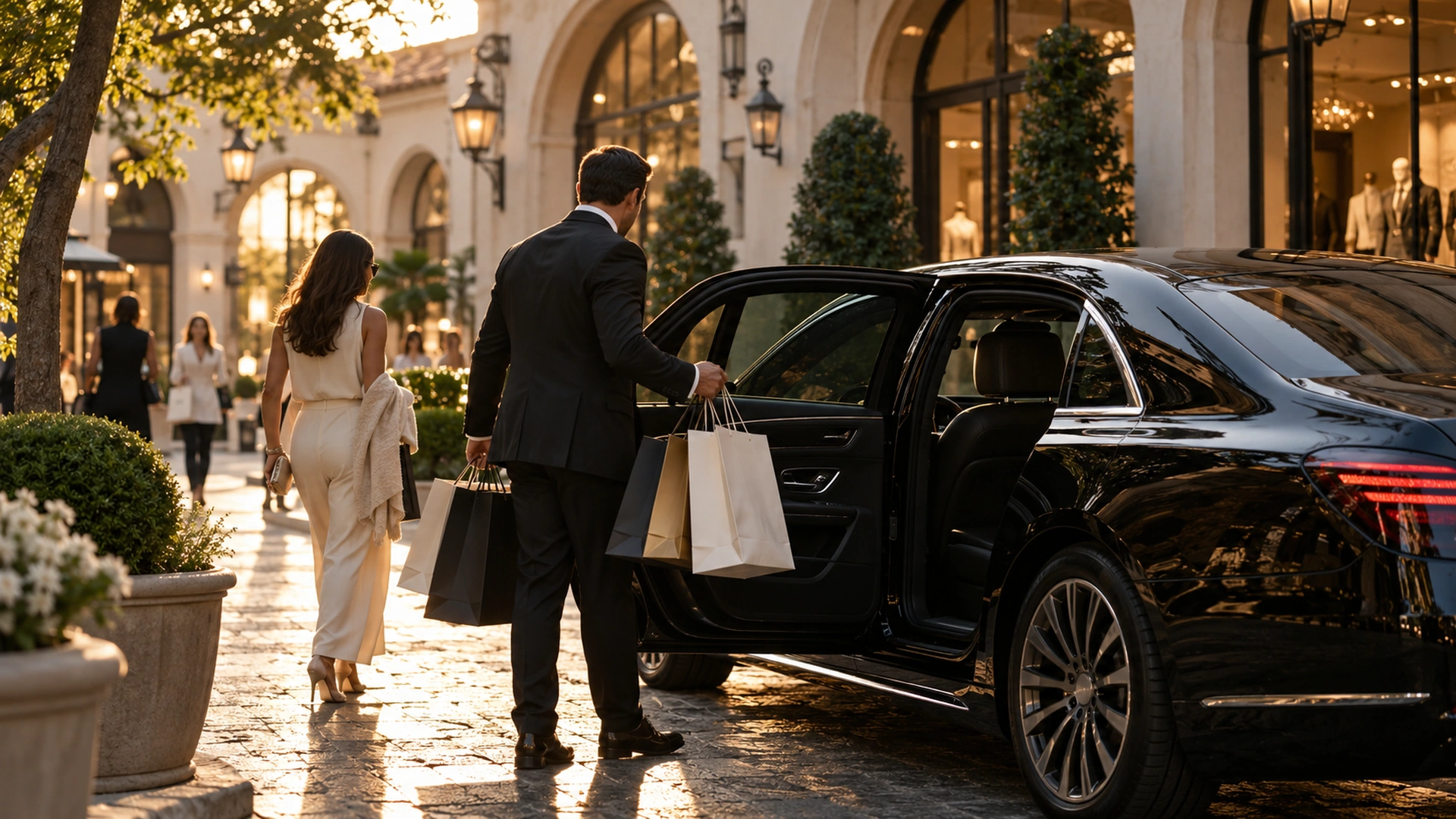 Hourly chauffeur holding the car door for a shopper at Highland Park Village, Dallas
